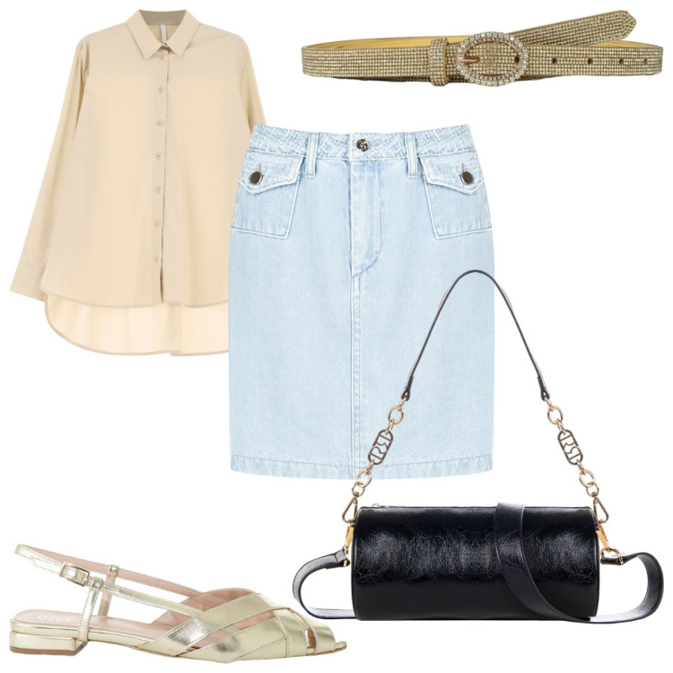 Outfit donna - Total look #2209728. Stile Trendy per Tutti i giorni. Abbinamento con cinture, minigonne, borse a mano, camicie, sandali.