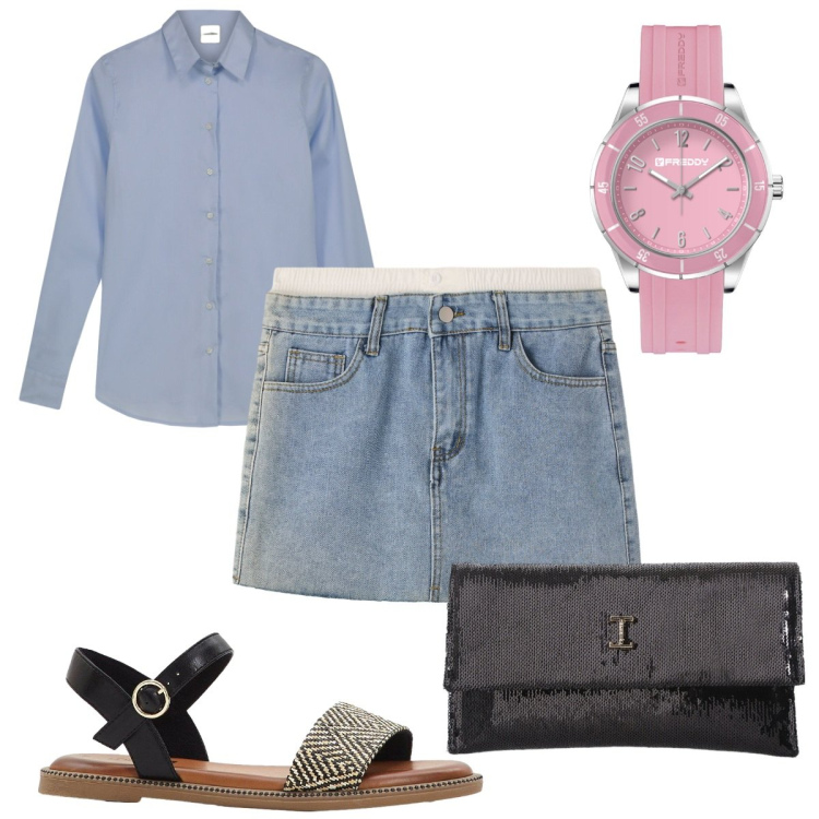 Outfit donna - Total look #2209733. Stile Trendy per Tutti i giorni. Abbinamento con sandali, minigonne, borse a tracolla, orologi, camicie.