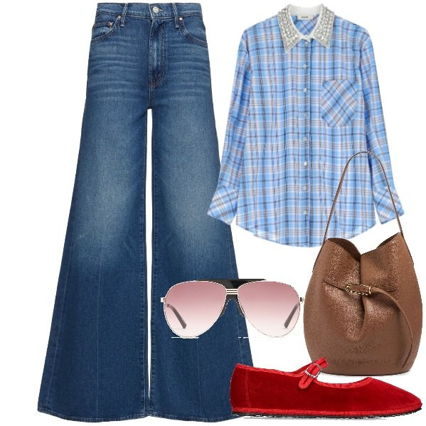 Outfit donna - Settembre in città. Stile Chic per Tutti i giorni. Abbinamento con camicie, ballerine, borse a secchiello, occhiali da sole, jeans.