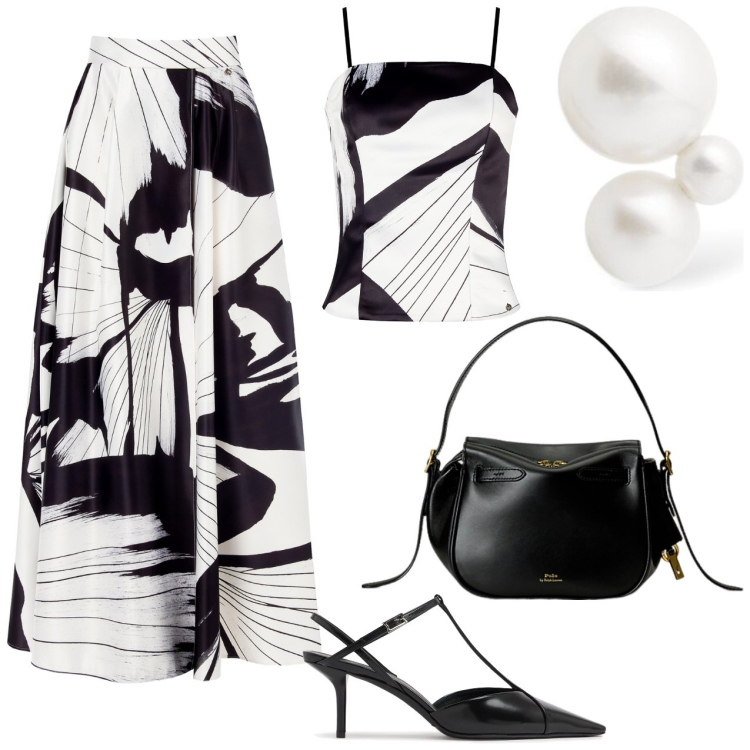 Outfit donna - Top e gonna bianco e nero. Stile Bon Ton per Serata fuori. Abbinamento con gonne lunghe, canottiere, borse a mano, orecchini, décolleté.