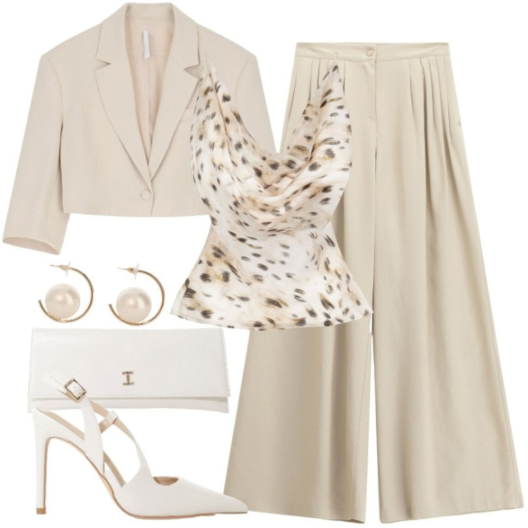 Outfit donna - Total look #2209745. Stile Minimal per Tutti i giorni. Abbinamento con top, pantaloni a palazzo, décolleté, pochette, blazer, orecchini.