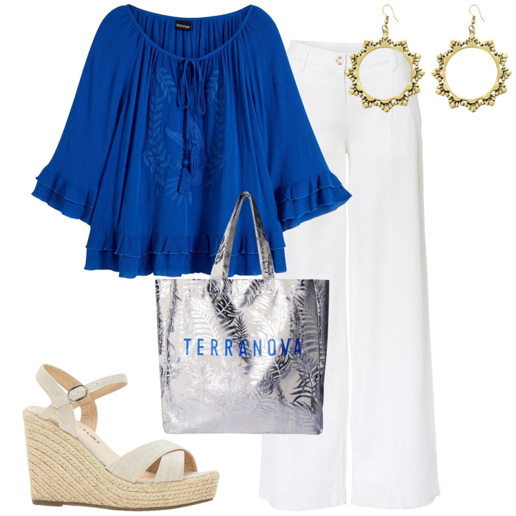 Outfit donna - Luglio. Stile Urban per Tutti i giorni. Abbinamento con pantaloni a palazzo, sandali, tuniche, borse tote, orecchini.