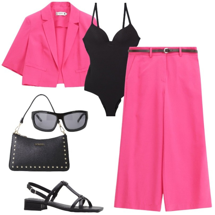 Outfit donna - Fuxia/nero. Stile Urban per Tutti i giorni. Abbinamento con sandali col tacco, body, blazer, pantaloni, occhiali da sole, borse a spalla.