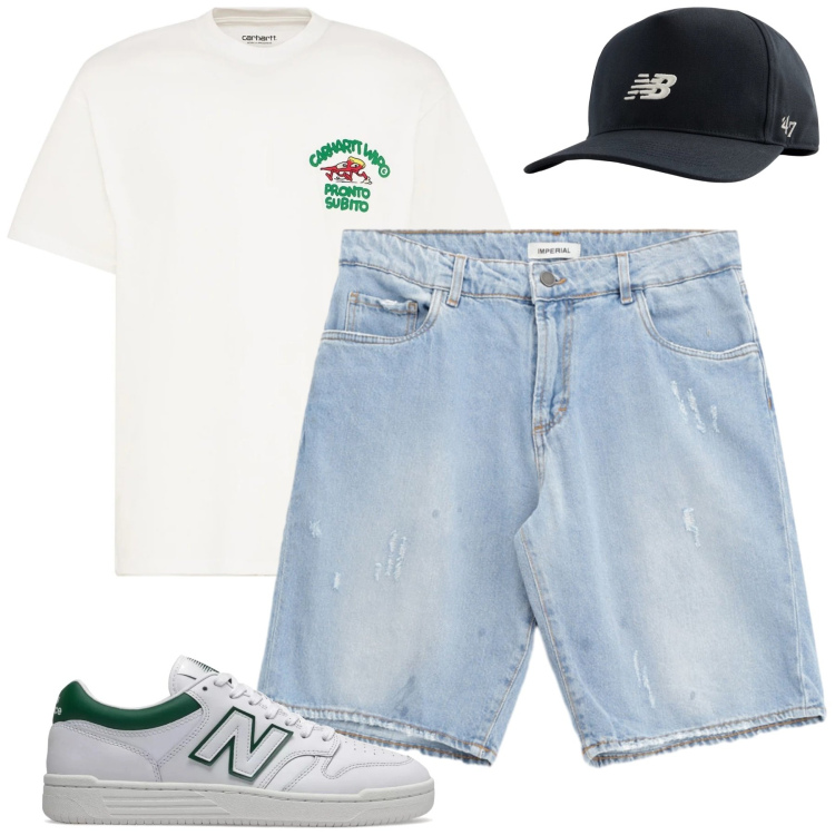 Outfit uomo - Total look #2209751. Stile Casual per Tutti i giorni. Abbinamento con sneakers, cappelli con visiera, bermuda, t-shirt.