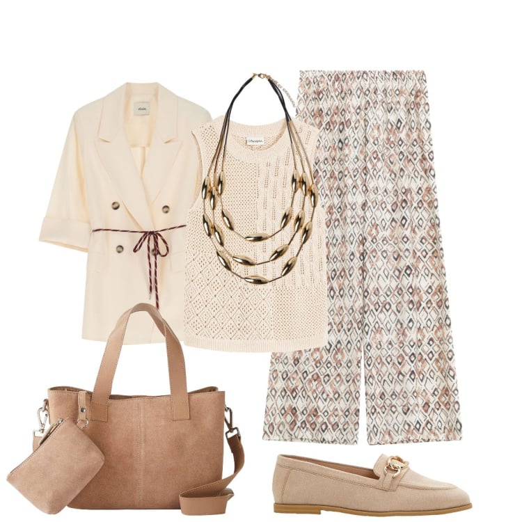 Outfit donna - In ufficio. Stile Bon Ton per Ufficio. Abbinamento con top, borse a mano, mocassini, pantaloni a palazzo, blazer, collane.