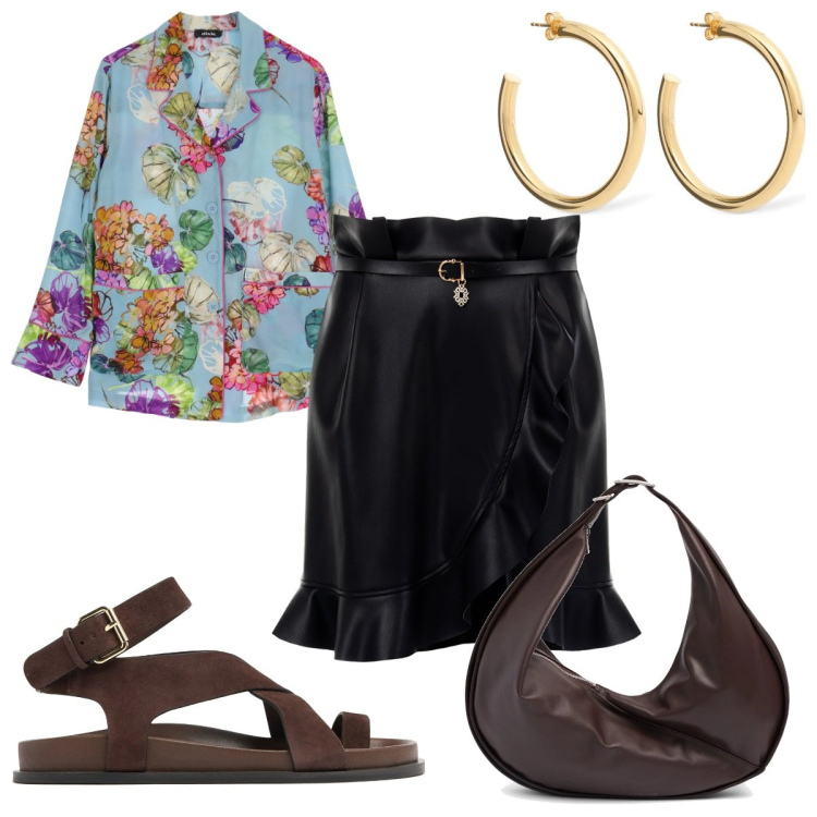 Outfit donna - Total look #2209760. Stile Trendy per Tutti i giorni. Abbinamento con minigonne, camicie, sandali in pelle, orecchini, shopping bag.