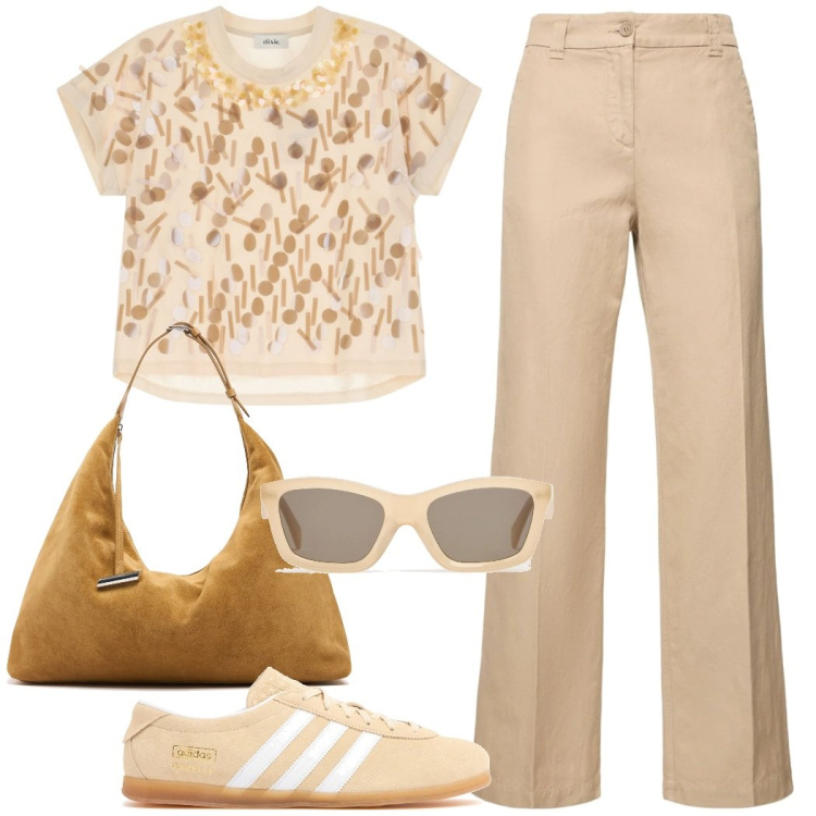 Outfit donna - Tono su tono. Stile Casual chic per Tutti i giorni. Abbinamento con t-shirt, sneakers, occhiali da sole, pantaloni, borse a spalla.