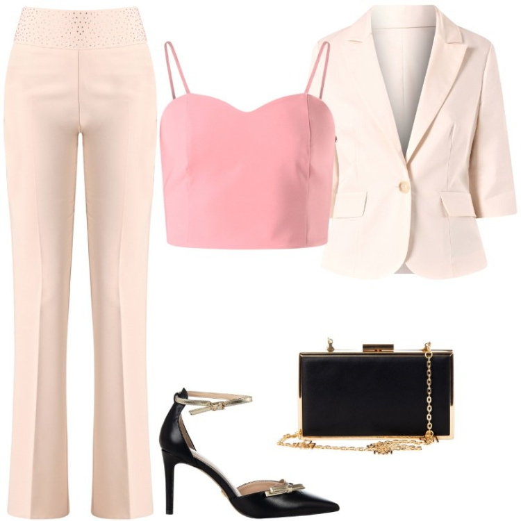 Outfit donna - Pantaloni con strass. Stile Chic per Cerimonia. Abbinamento con décolleté, pochette, blazer, pantaloni, canottiere.