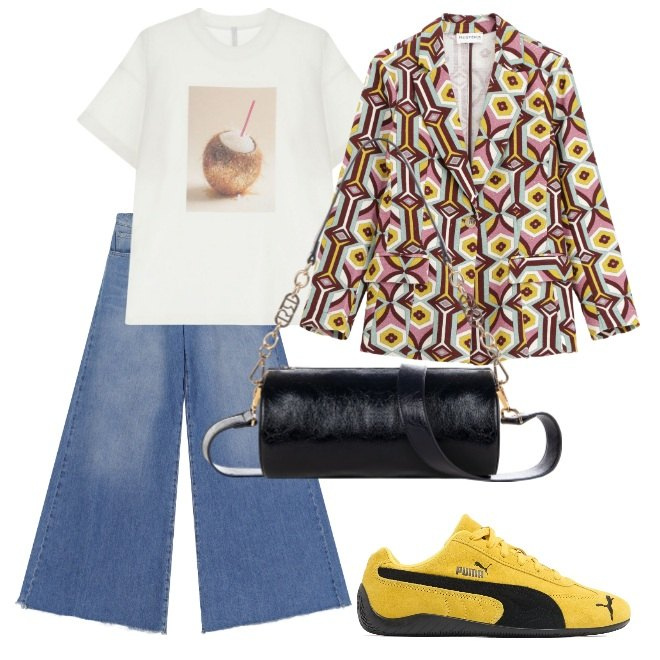 Outfit donna - Oggi mi sento PopArt. Stile Trendy per Tutti i giorni. Abbinamento con borse a mano, t-shirt, jeans a zampa, blazer, sneakers.
