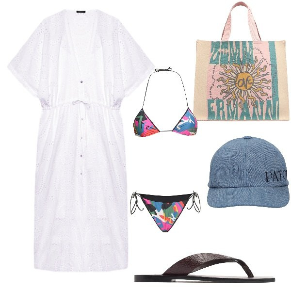 Outfit donna - Al mare protetta. Stile Basic per Mare. Abbinamento con caftani, cappelli, shopping bag, bikini, infradito.