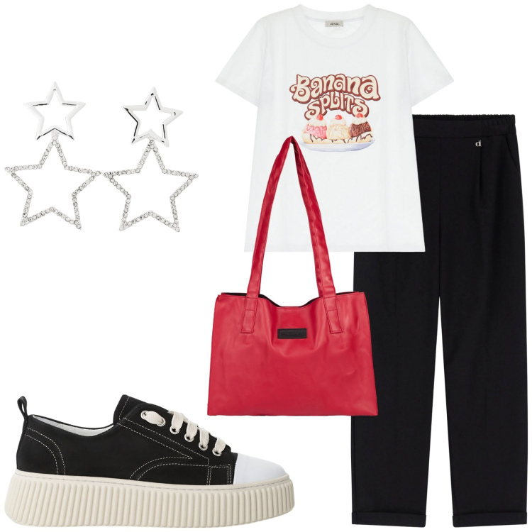 Outfit donna - Total look #2209806. Stile Basic per Tutti i giorni. Abbinamento con orecchini, sneakers, pantaloni, t-shirt, shopping bag.