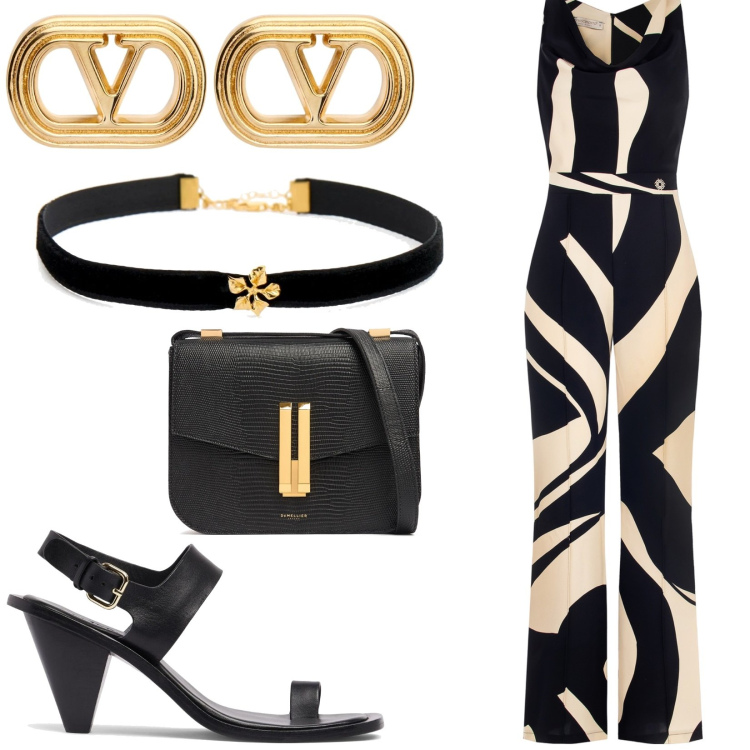 Outfit donna - Total look #2209807. Stile Bon Ton per Serata fuori. Abbinamento con tute, orecchini, sandali in pelle, borse a spalla, collane.