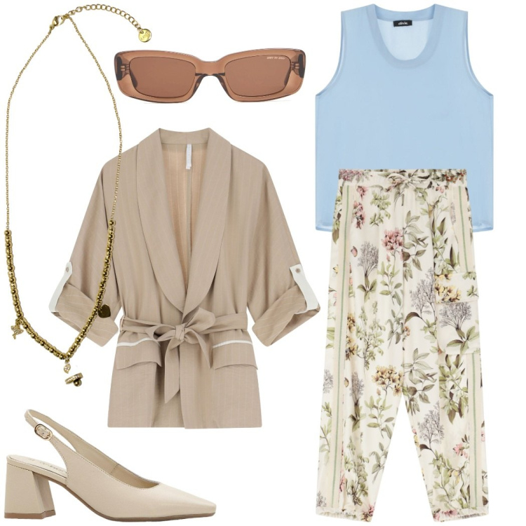 Outfit donna - Fiori in ufficio. Stile Casual chic per Ufficio. Abbinamento con décolleté, blazer, ciondoli, top, pantaloni chino, occhiali da sole.