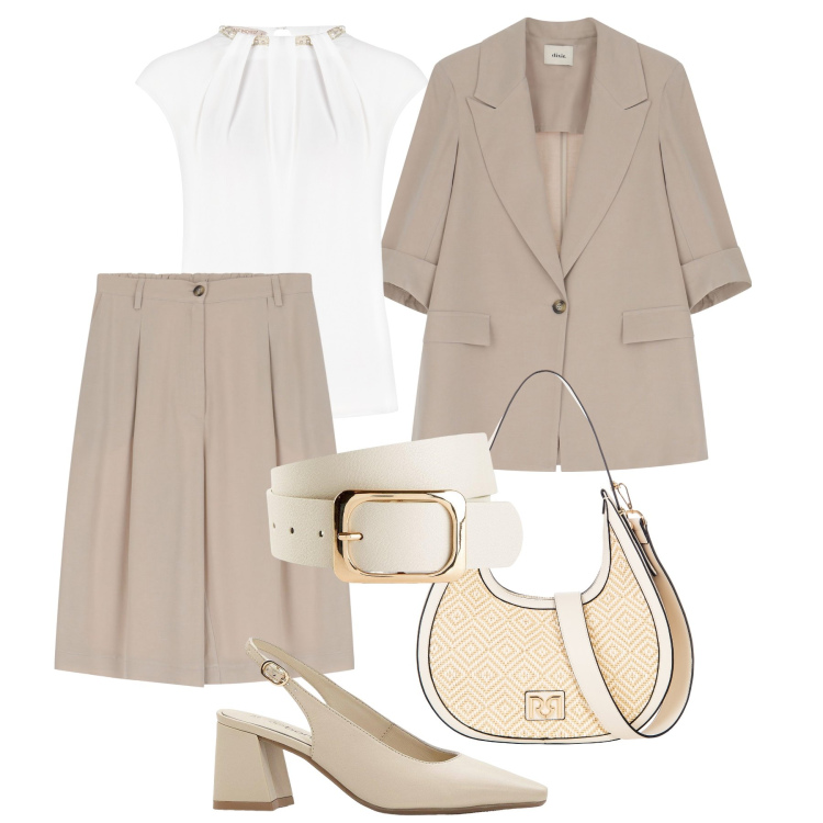 Outfit donna - Sobria anche col caldo. Stile Glamour per Ufficio. Abbinamento con cinture, décolleté, bluse, borse a mano, shorts, blazer.