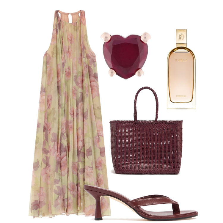 Outfit donna - Sere estive floreali e bordeaux. Stile Chic per Serata fuori. Abbinamento con profumi, vestiti lunghi, orecchini, ciabatte, shopping bag.