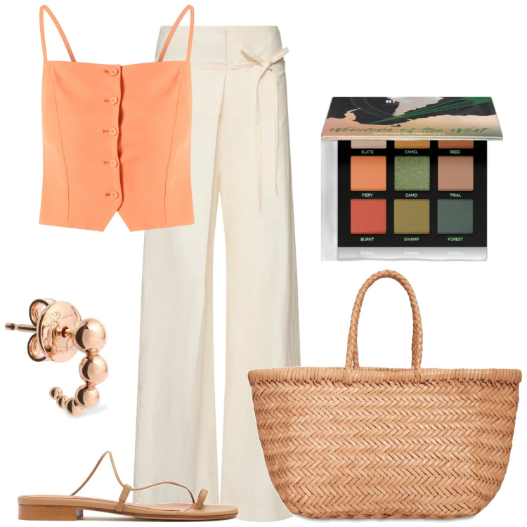 Outfit donna - Brezza estiva. Stile Glamour per Tutti i giorni. Abbinamento con canottiere, ombretti, orecchini, shopping bag, sandali in pelle, pantaloni.