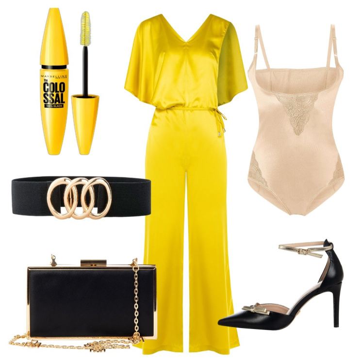 Outfit donna - Tuta gialla. Stile Casual chic per Serata fuori. Abbinamento con body, cinture, mascara, décolleté, pochette, tute.