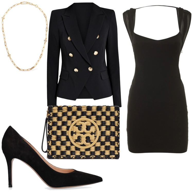 Outfit donna - Total look #2209837. Stile Glamour per Serata fuori. Abbinamento con blazer, collane, pochette, vestiti, décolleté.