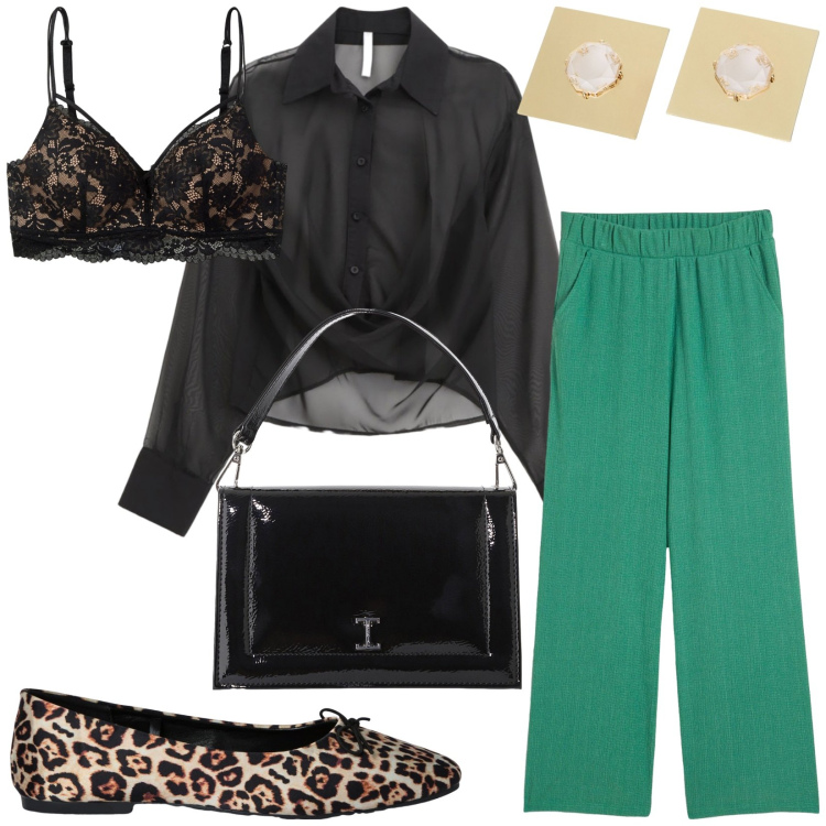 Outfit donna - Total look #2209842. Stile Casual chic per Tutti i giorni. Abbinamento con pantaloni a palazzo, reggiseni, ballerine, camicie, borse a tracolla, orecchini.