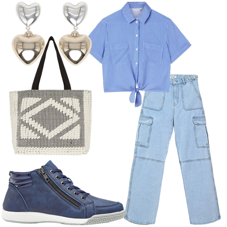 Outfit donna - Total look #2209843. Stile Basic per Tutti i giorni. Abbinamento con sneakers alte, jeans, camicie a manica corta, orecchini, shopping bag.