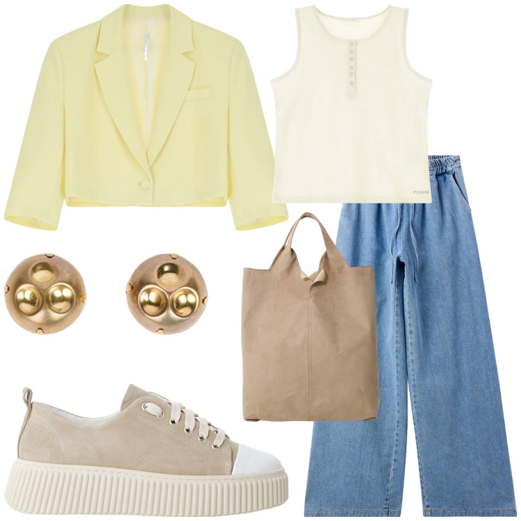 Outfit donna - Total look #2209845. Stile Casual per Tutti i giorni. Abbinamento con jeans, canottiere, sneakers, blazer, shopping bag, orecchini.