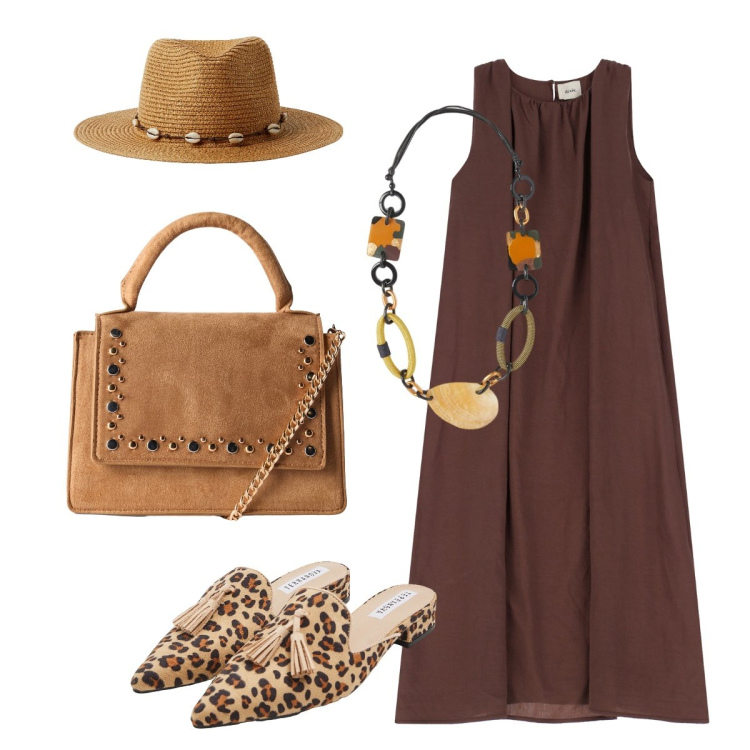Outfit donna - Appuntamento con le amiche. Stile Trendy per Tutti i giorni. Abbinamento con sabot, borse a tracolla, cappelli, vestiti lunghi, collane.