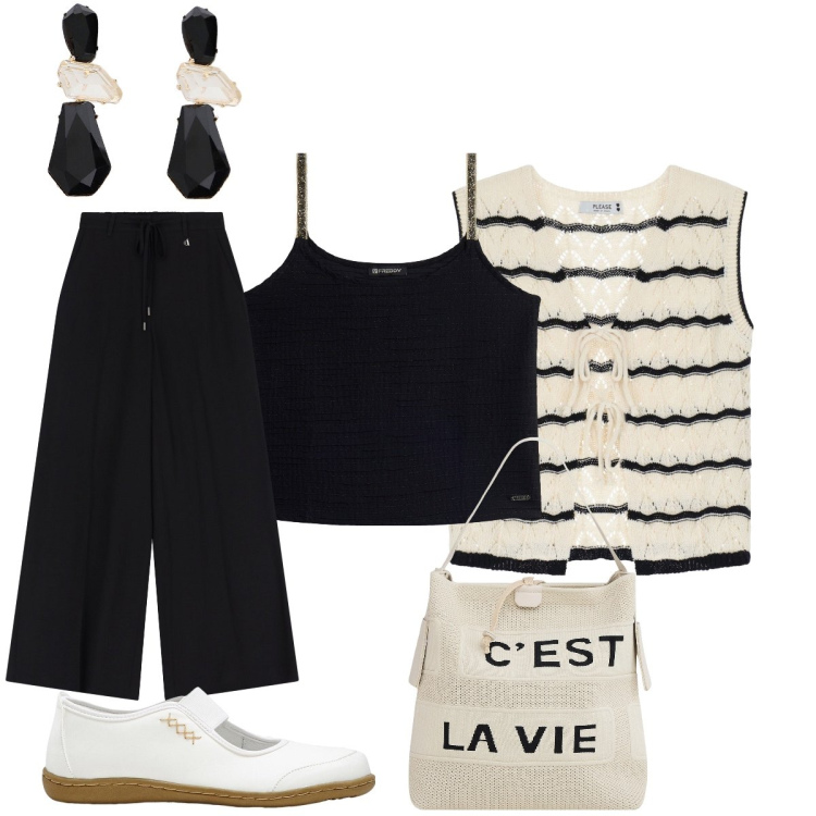 Outfit donna - Bianco e nero un classico. Stile Boho per Tutti i giorni. Abbinamento con ballerine, borse a mano, top, canottiere, pantaloni, orecchini.