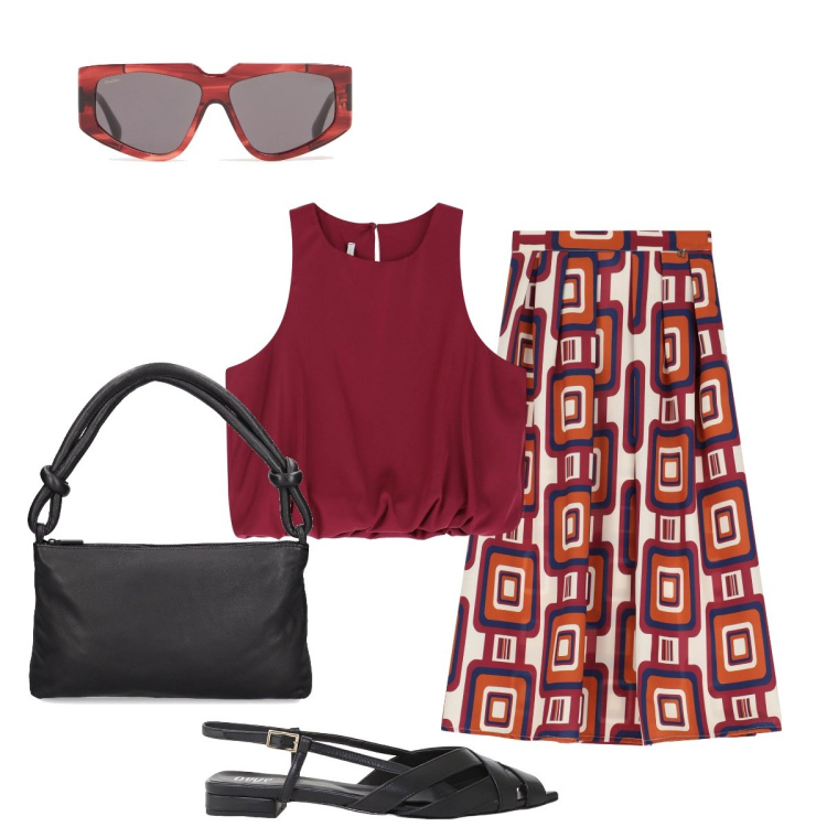 Outfit donna - In città. Stile Bon Ton per Tutti i giorni. Abbinamento con top, sandali, gonne longuette, borse a spalla, occhiali da sole.