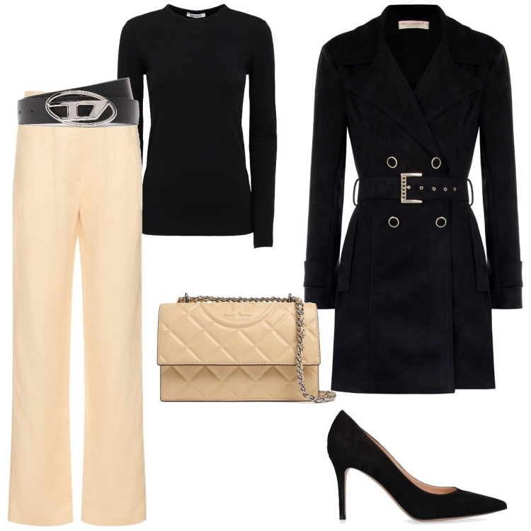 Outfit donna - Settembre. Stile Casual chic per Tutti i giorni. Abbinamento con trench, pantaloni, borse a spalla, cinture, t-shirt, décolleté.