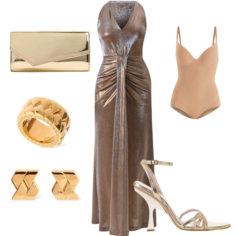 Outfit donna - Gold girl. Stile Glamour per Serata fuori. Abbinamento con vestiti lunghi, body, sandali col tacco, pochette, anelli, orecchini.