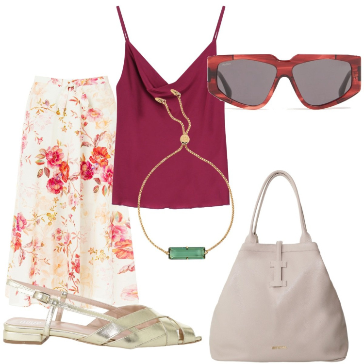 Outfit donna - Una gonna per luglio. Stile Casual chic per Tutti i giorni. Abbinamento con gonne longuette, borse tote, top, sandali, braccialetti, occhiali da sole.