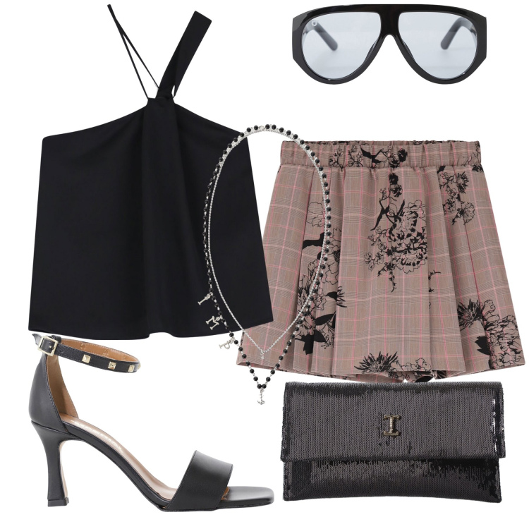 Outfit donna - Che imperial aperitivo. Stile Glamour per Serata fuori. Abbinamento con borse a tracolla, occhiali da sole, collane, gonne, sandali col tacco, top.