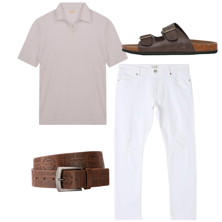 Outfit uomo - Bianco estivo. Stile Casual per Tutti i giorni. Abbinamento con cinture, jeans strappati, sandali, polo.