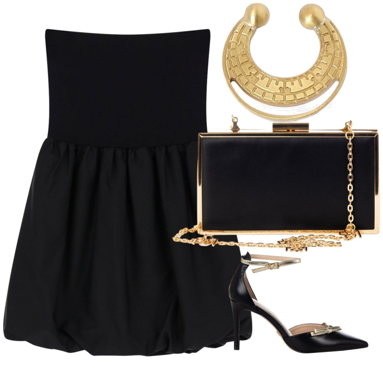 Outfit donna - LBD off shoulders. Stile Chic per Serata fuori. Abbinamento con décolleté, pochette, vestiti corti, orecchini.