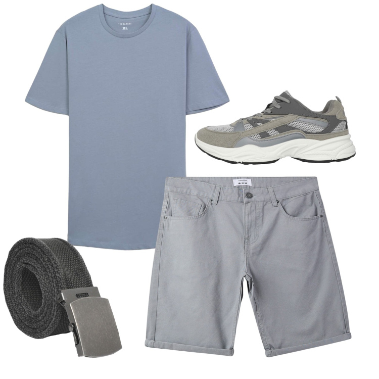 Outfit uomo - Grigio casual. Stile Casual per Tutti i giorni. Abbinamento con sneakers, bermuda, t-shirt, cinture.
