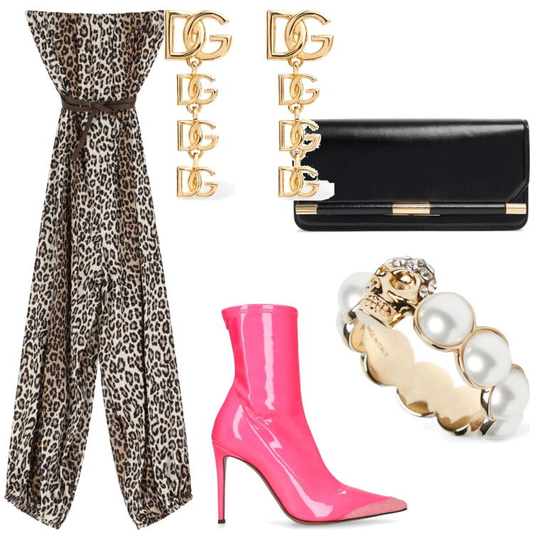 Outfit donna - Originale con super griffes. Stile Trendy per Serata fuori. Abbinamento con tute, pochette, orecchini, stivaletti, anelli.