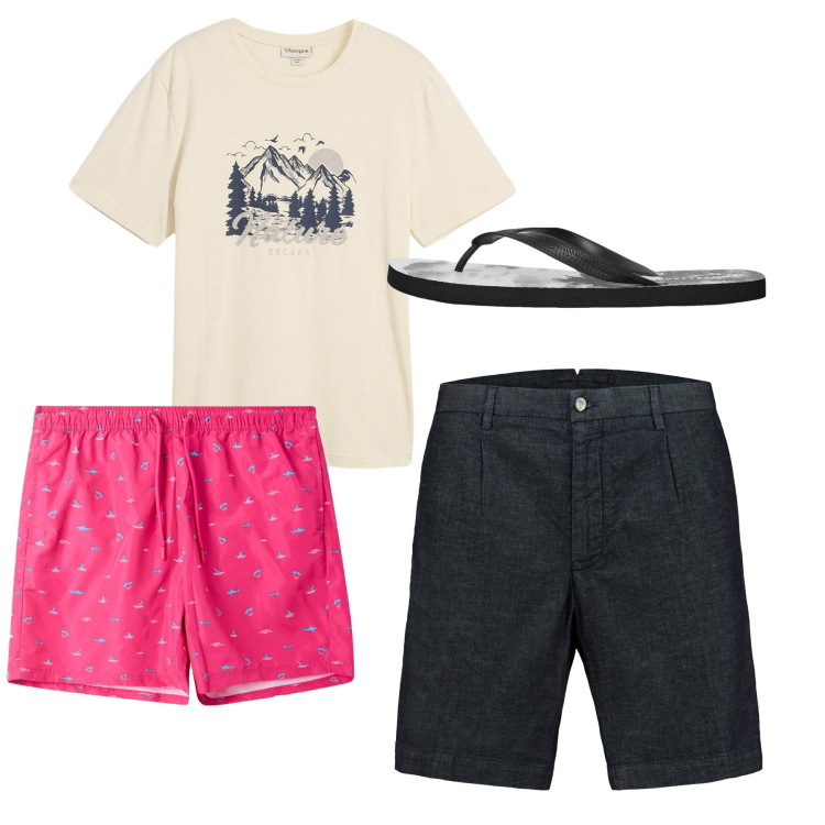 Outfit uomo - Fucsia mare. Stile Casual per Tutti i giorni. Abbinamento con t-shirt, sandali, costumi, bermuda.