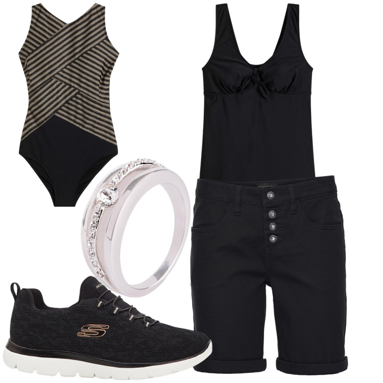 Outfit donna - Spiaggia Bonprix con lui. Stile Basic per Mare. Abbinamento con bermuda, vestiti da spiaggia, sneakers, anelli, costumi interi.