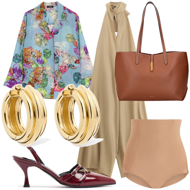 Outfit donna - Inaspettata giacca fiorita. Stile Urban per Ufficio. Abbinamento con culotte, camicie, tute, borse tote, orecchini, décolleté.