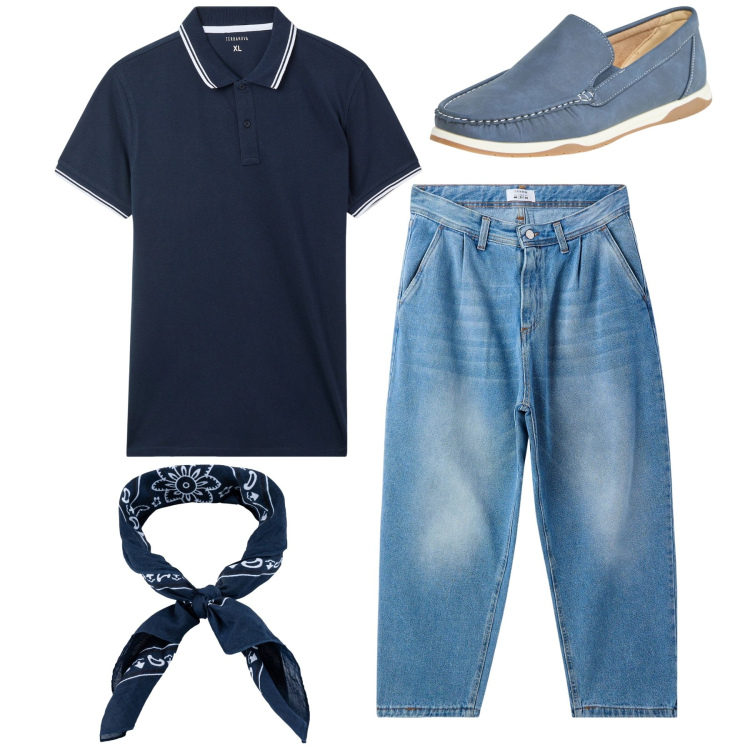 Outfit uomo - Stacco blu. Stile Casual per Tutti i giorni. Abbinamento con scarpe stringate, polo, jeans, sciarpe e foulard.