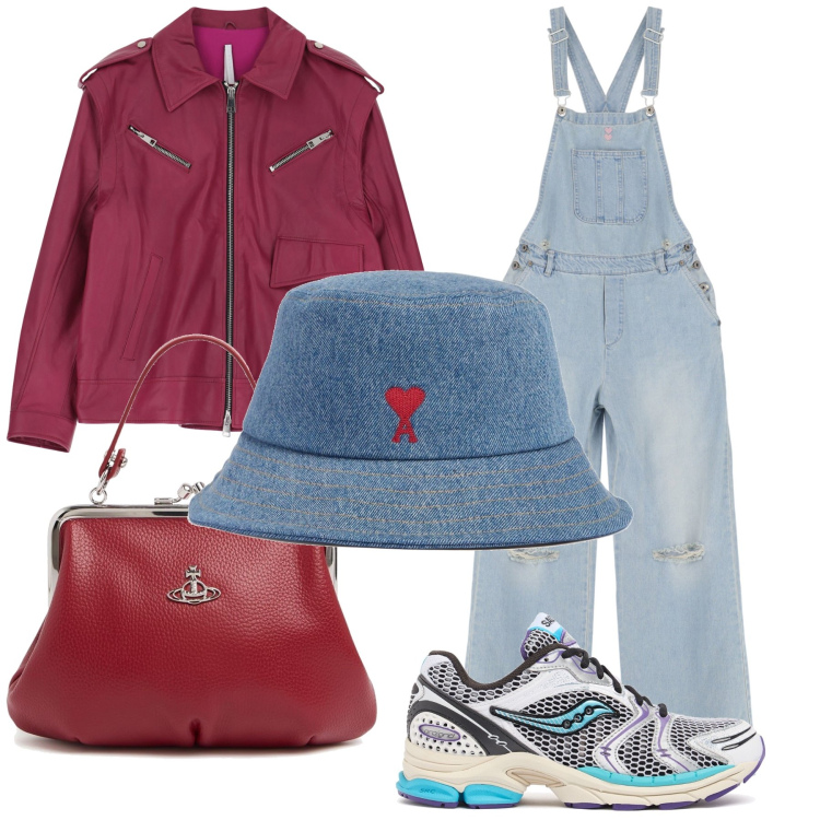 Outfit donna - Passeggiata dopo la pioggia. Stile Sporty chic per Tutti i giorni. Abbinamento con salopette, giacche, borse a mano, sneakers, cappelli.