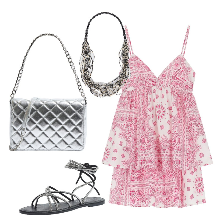 Outfit donna - Serata. Stile Glamour per Serata fuori. Abbinamento con sandali alla schiava, borse a tracolla, vestiti corti, collane.