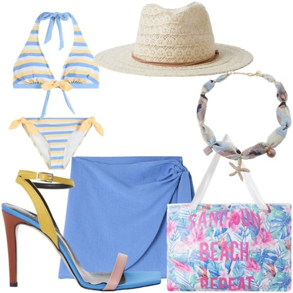 Outfit donna - mediterranea. Stile Glamour per Mare. Abbinamento con bikini, vestiti da spiaggia, cappelli, borse tote, sandali col tacco, collane.