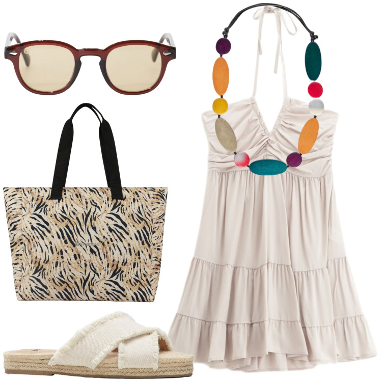 Outfit donna - Total look #2209902. Stile Casual per Mare. Abbinamento con ciabatte, occhiali da sole, vestiti corti, shopping bag, collane.
