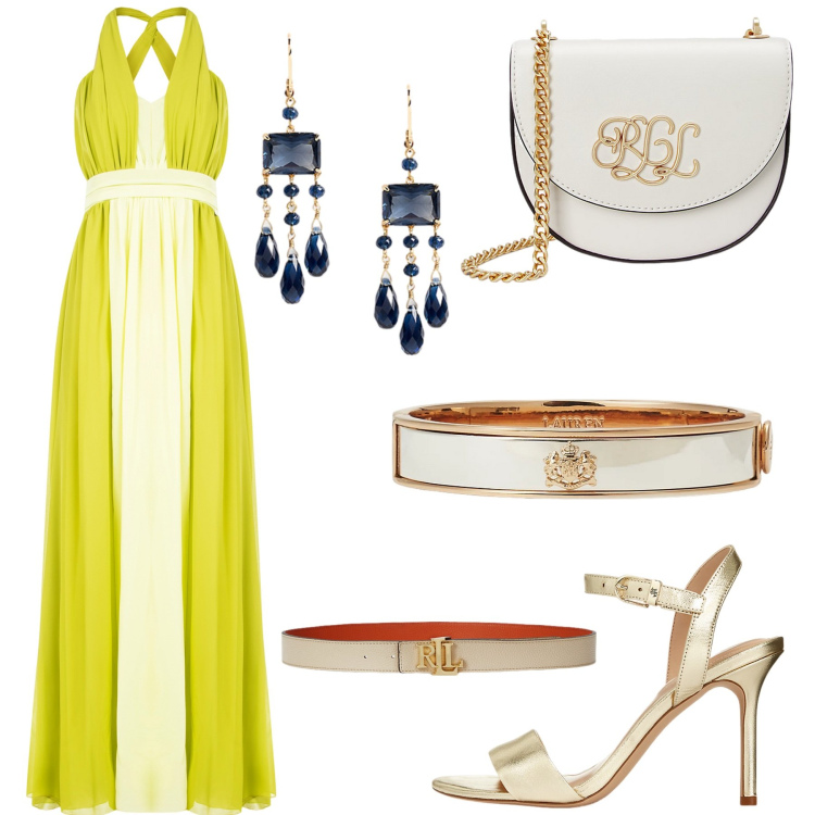Outfit donna - Total look #2209905. Stile Glamour per Serata fuori. Abbinamento con vestiti lunghi, cinture, sandali in pelle, braccialetti, borse a tracolla, orecchini.