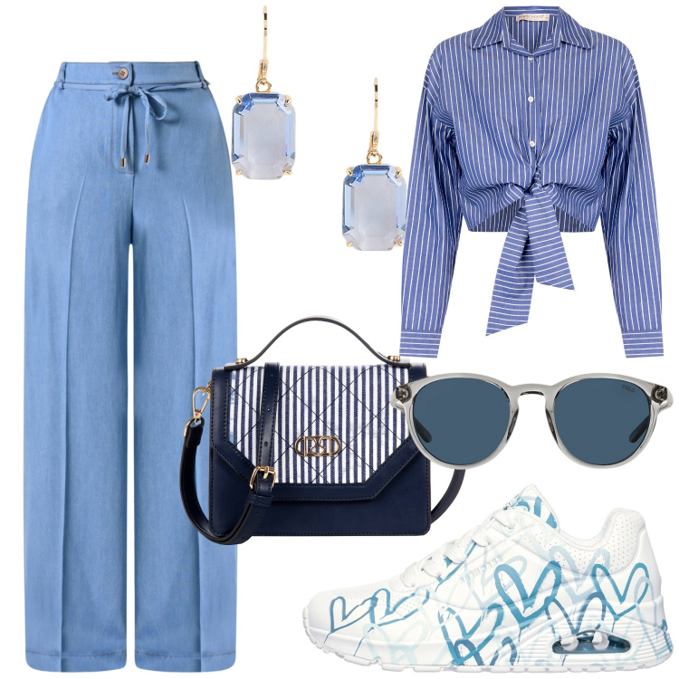 Outfit donna - Total look #2209909. Stile Casual chic per Ufficio. Abbinamento con pantaloni, camicie, borse a mano, occhiali da sole, orecchini, sneakers.