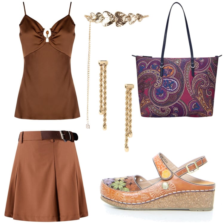Outfit donna - Total look #2209918. Stile Etnico per Tutti i giorni. Abbinamento con cinture, minigonne, top, borse tote, orecchini, sandali.