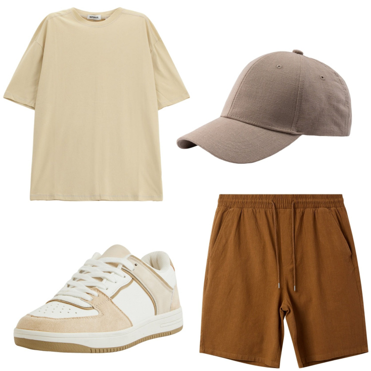 Outfit uomo - A pesca con gli amici. Stile Casual per Mare. Abbinamento con sneakers, pantaloni corti, t-shirt, cappelli con visiera.