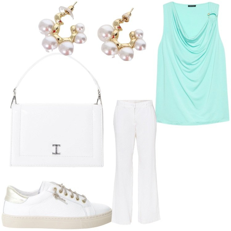 Outfit donna - La perla. Stile Sporty chic per Tutti i giorni. Abbinamento con pantaloni, sneakers, borse a tracolla, orecchini, top.