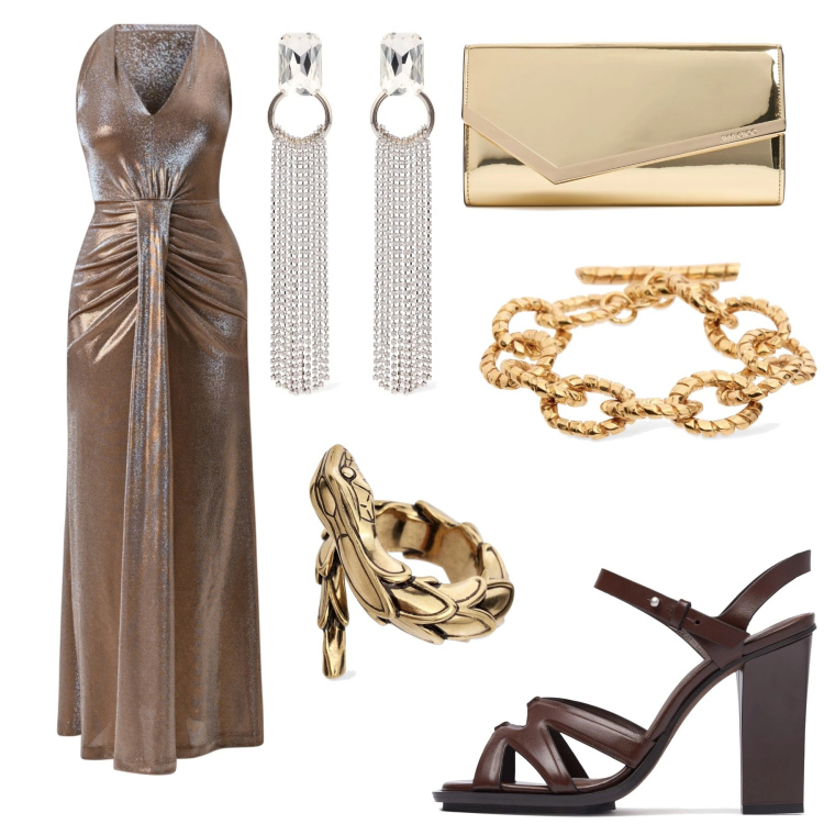Outfit donna - Total look #2209923. Stile Glamour per Serata fuori. Abbinamento con vestiti lunghi, anelli, sandali in pelle, pochette, braccialetti, orecchini.